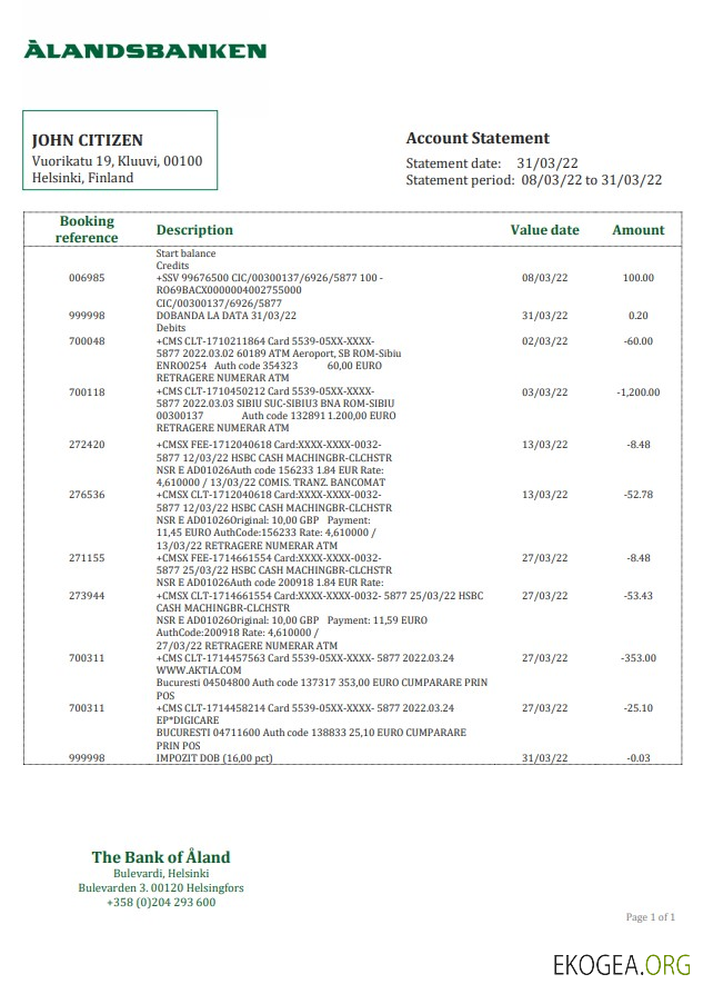 Relevé bancaire Finlande Aland